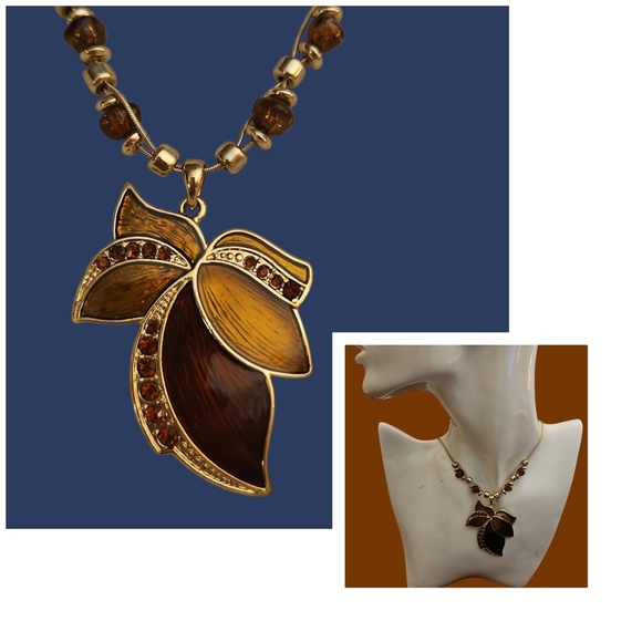 Vtg KENNETH COLE Brown Enamel Leaf Pendant Double Snake Chain Beaded Necklace - Picture 1 of 7